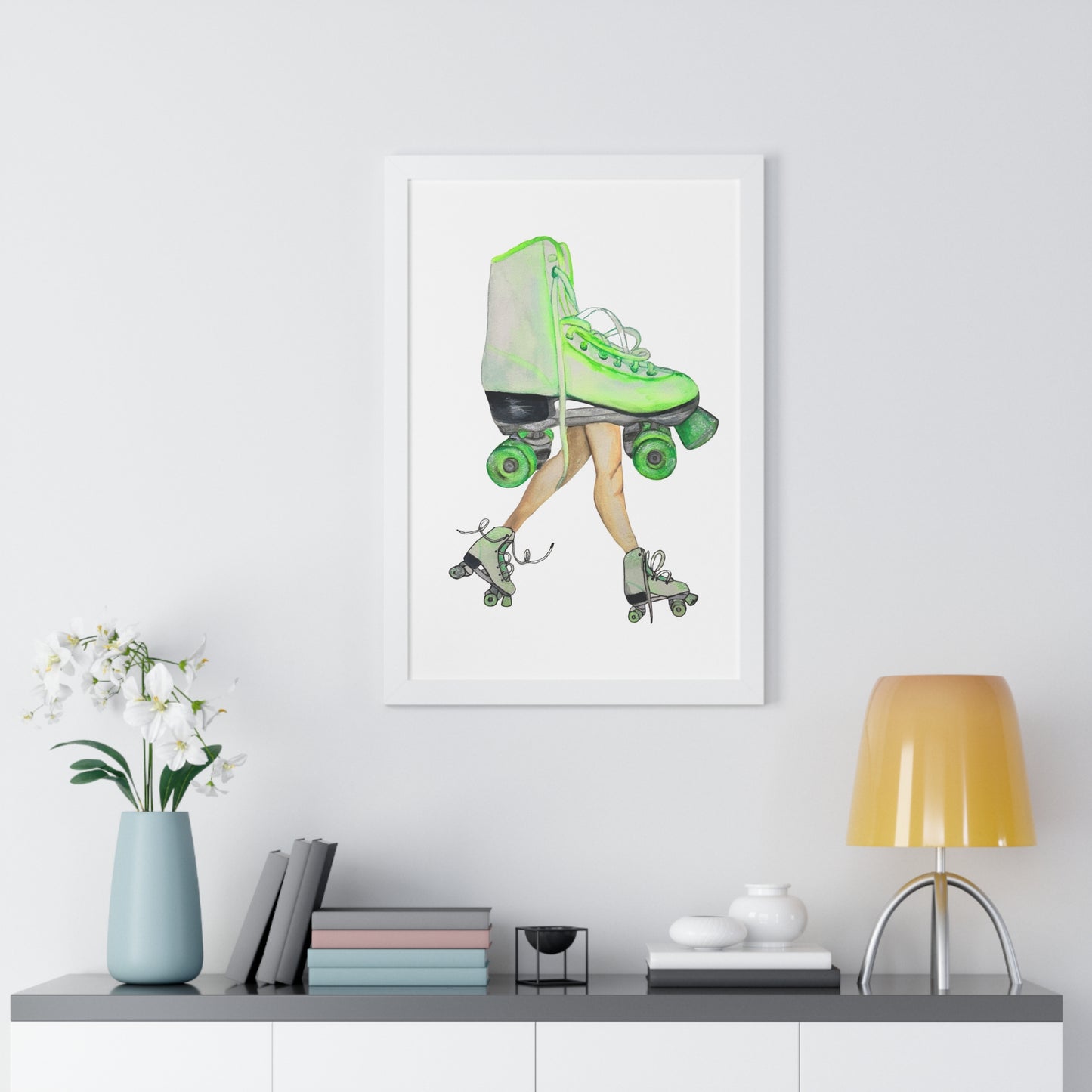 Roller Skate Art Print — Neon Green Roller Skates Framed Print