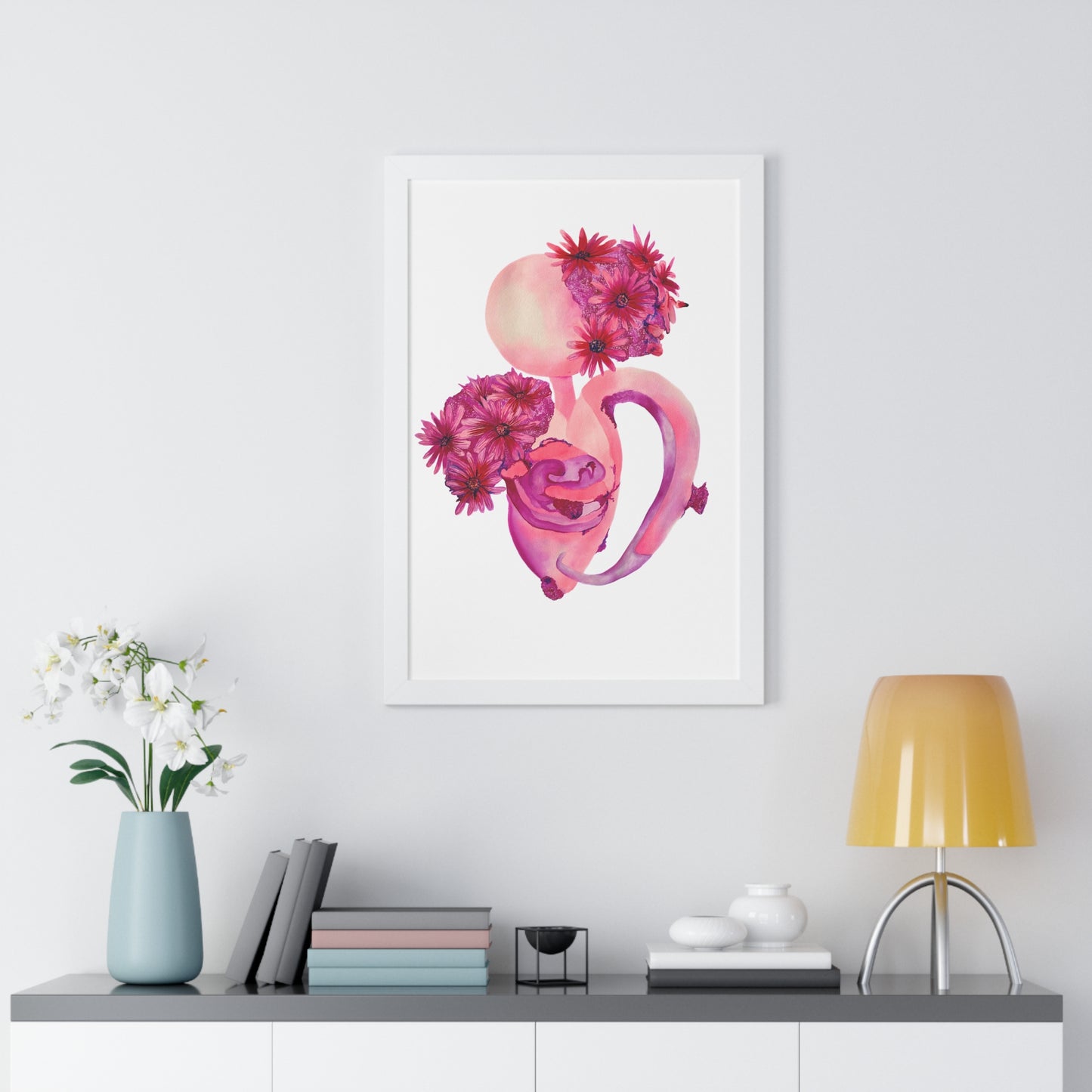 Framed Pink Floral Anatomical Uterus Female Feminist Art Print