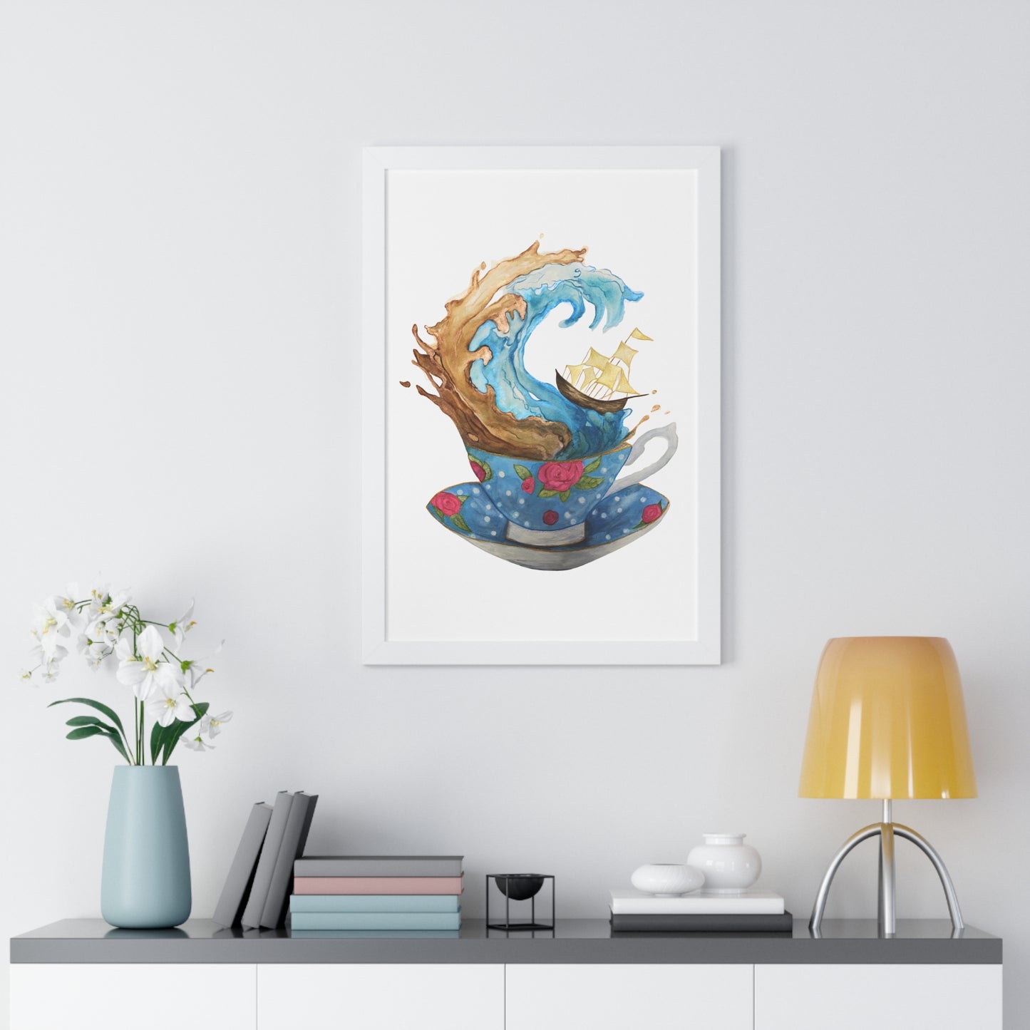 Whimsical Teacup Wave Framed Art Print, Swiftie Sailboat Tea Art Print A Storm Inside A Teacup