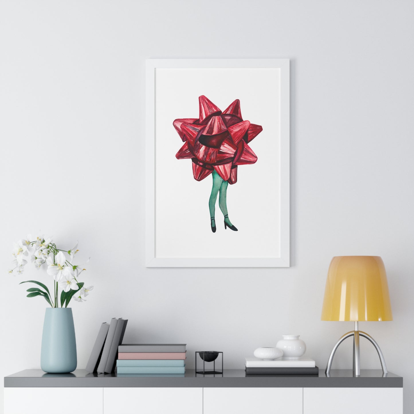 Gift Bow Christmas Woman Framed Print — Quirky Feminine Art Print for Home & Holiday Décor
