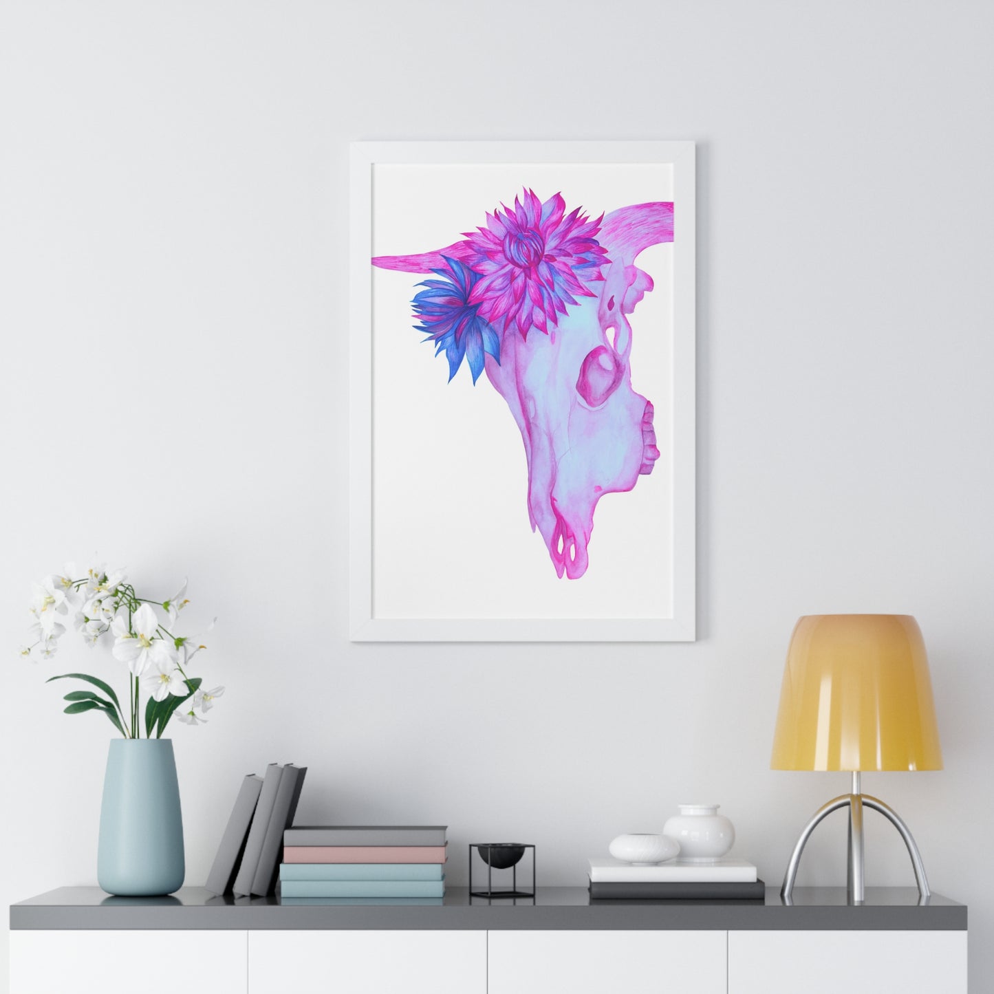 Floral Skull Framed Print — Pink & Turquoise Cow Skull Wall Art