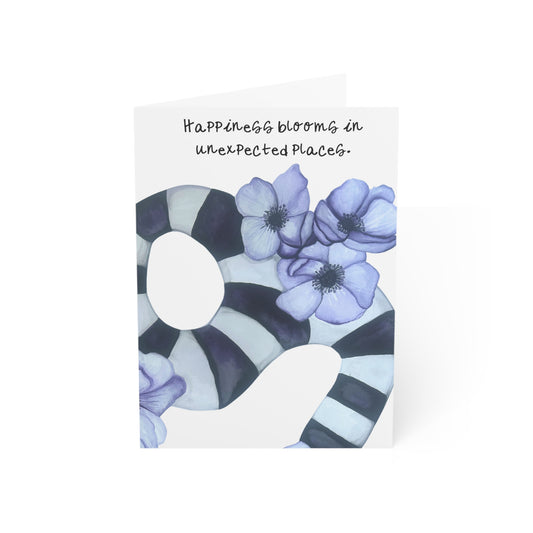 Anemone Wildflower Greeting Card — "Happiness Blooms Just Because" (Black & White Stripe)