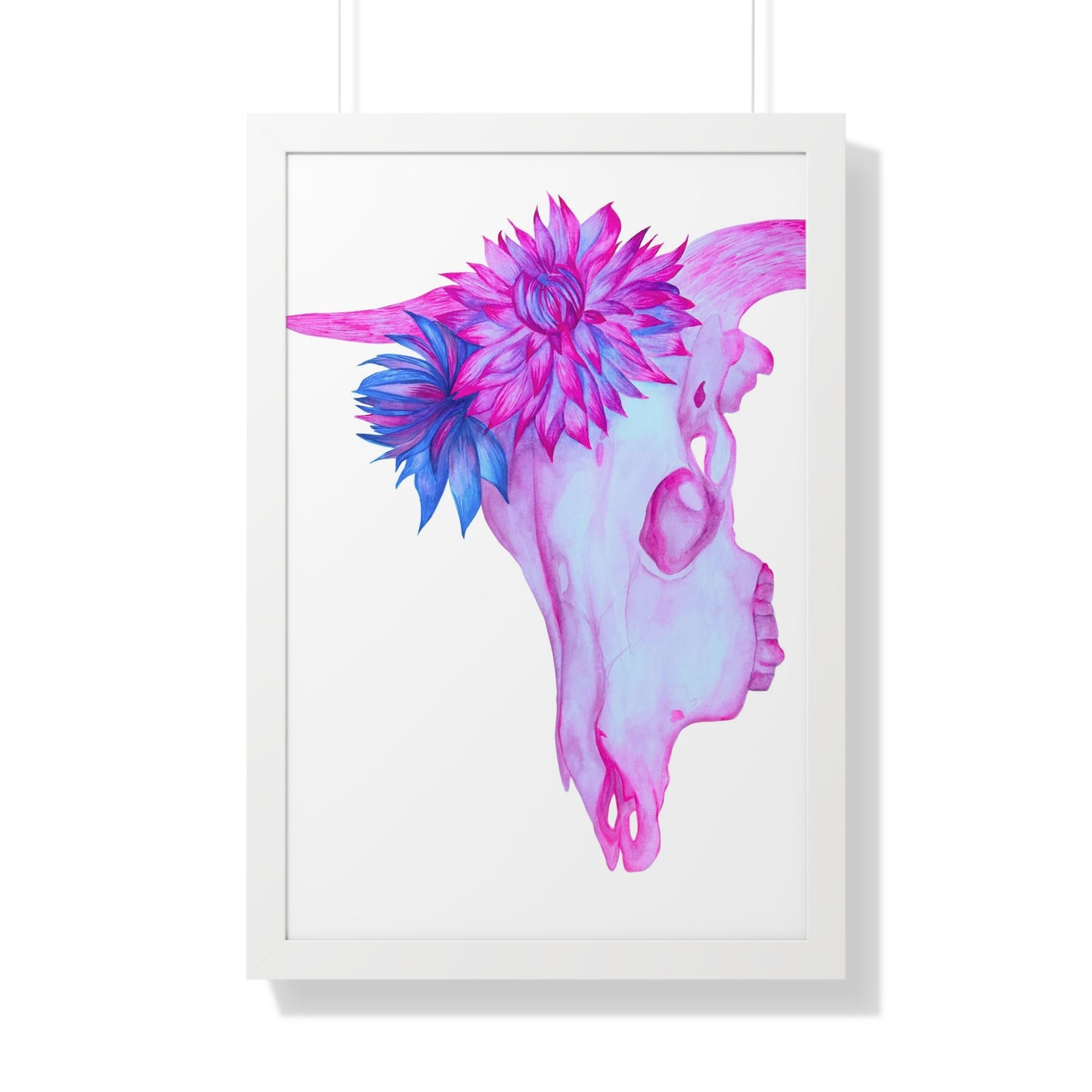Floral Skull Framed Print  — Pink & Turquoise Cow Skull Wall Art