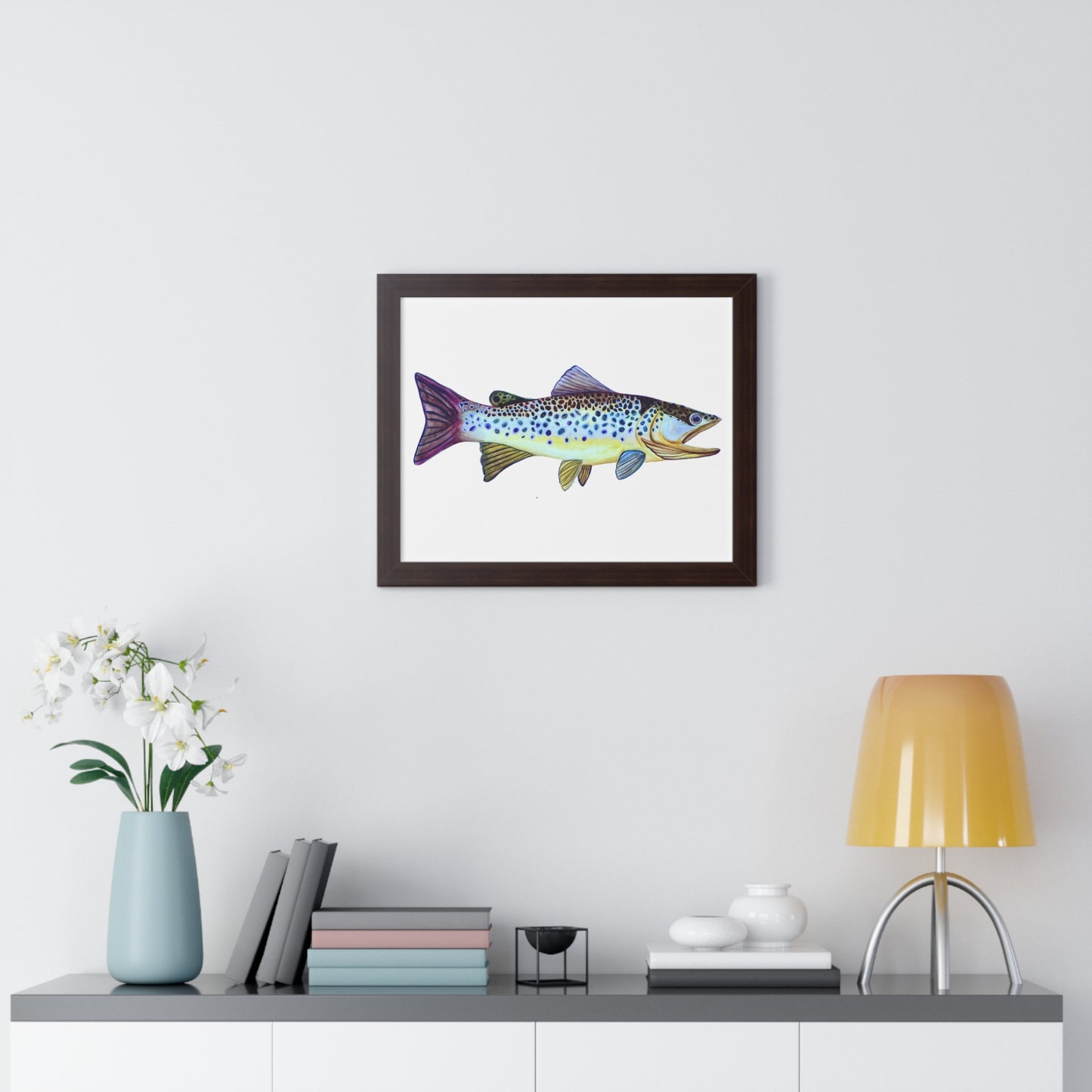 Framed Fish Art Print — Colorful Trout Horizontal Poster for Cabin, Lake House, or Nursery