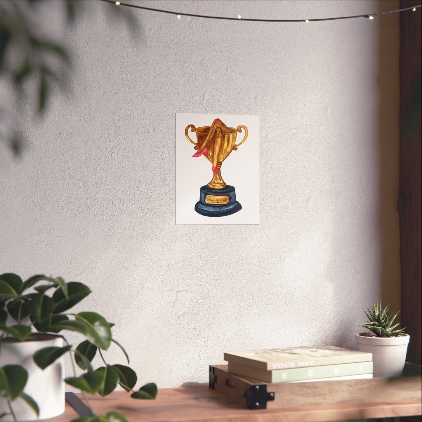 Trophy Wife Golden Trophy with Pink Shoes Illustration Print