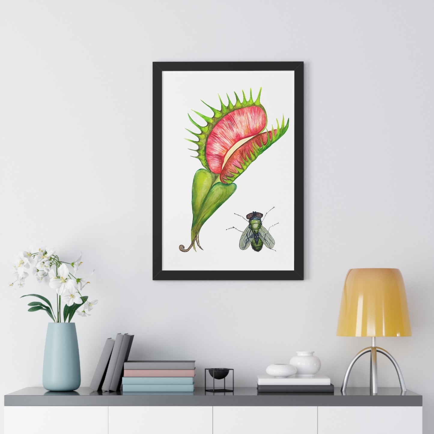 Carnivorous Plant Art Print — Venus Flytrap & Fly Framed