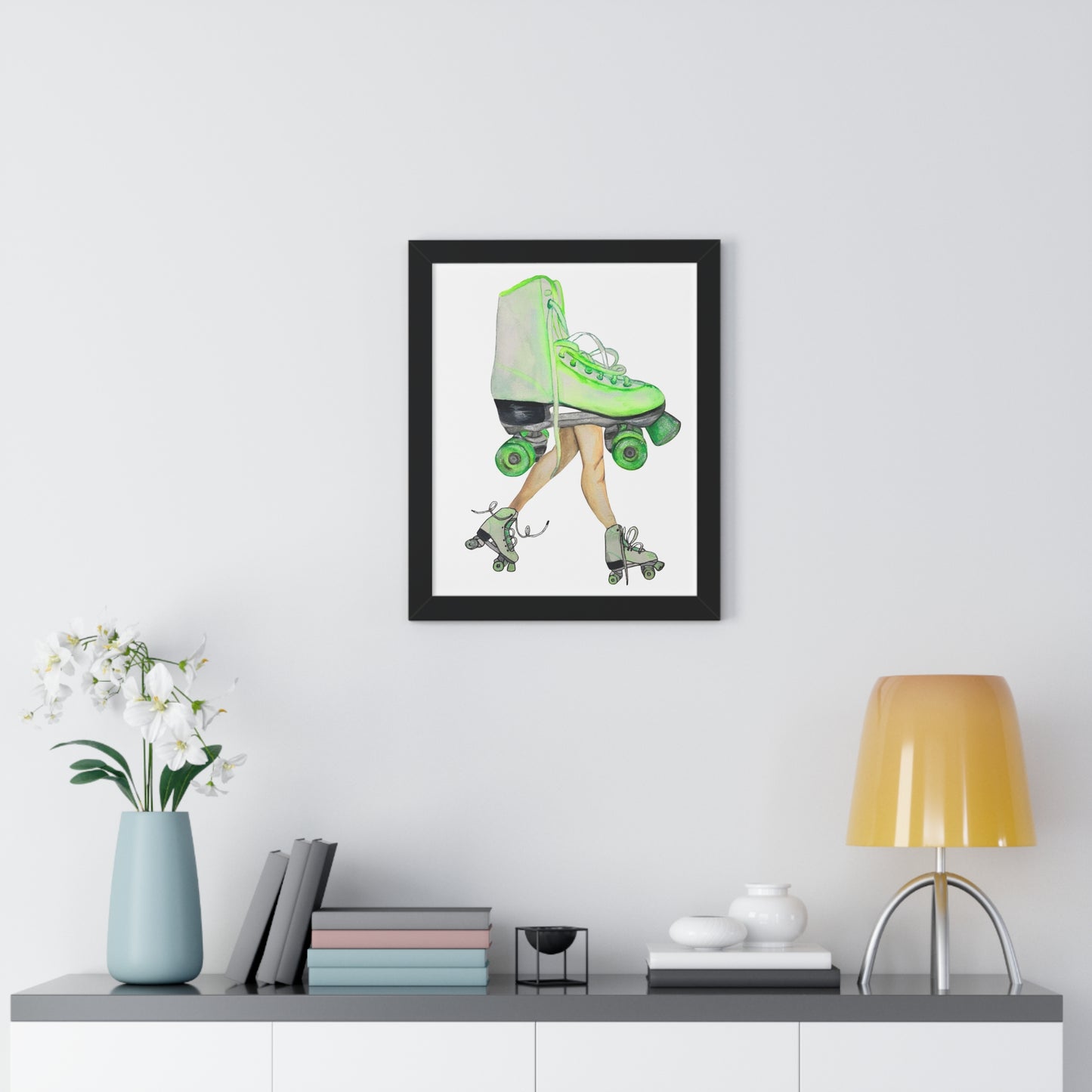 Roller Skate Art Print — Neon Green Roller Skates Framed Print