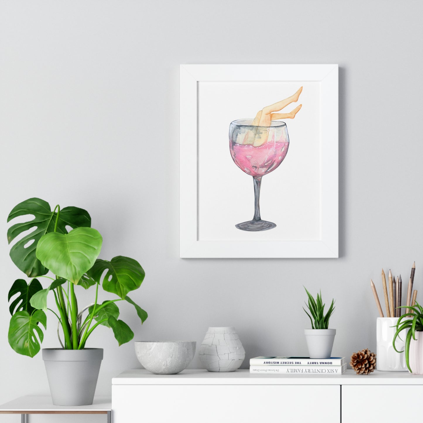 Wine Glass Art Print — Watercolor Cocktail with Legs Framed Print