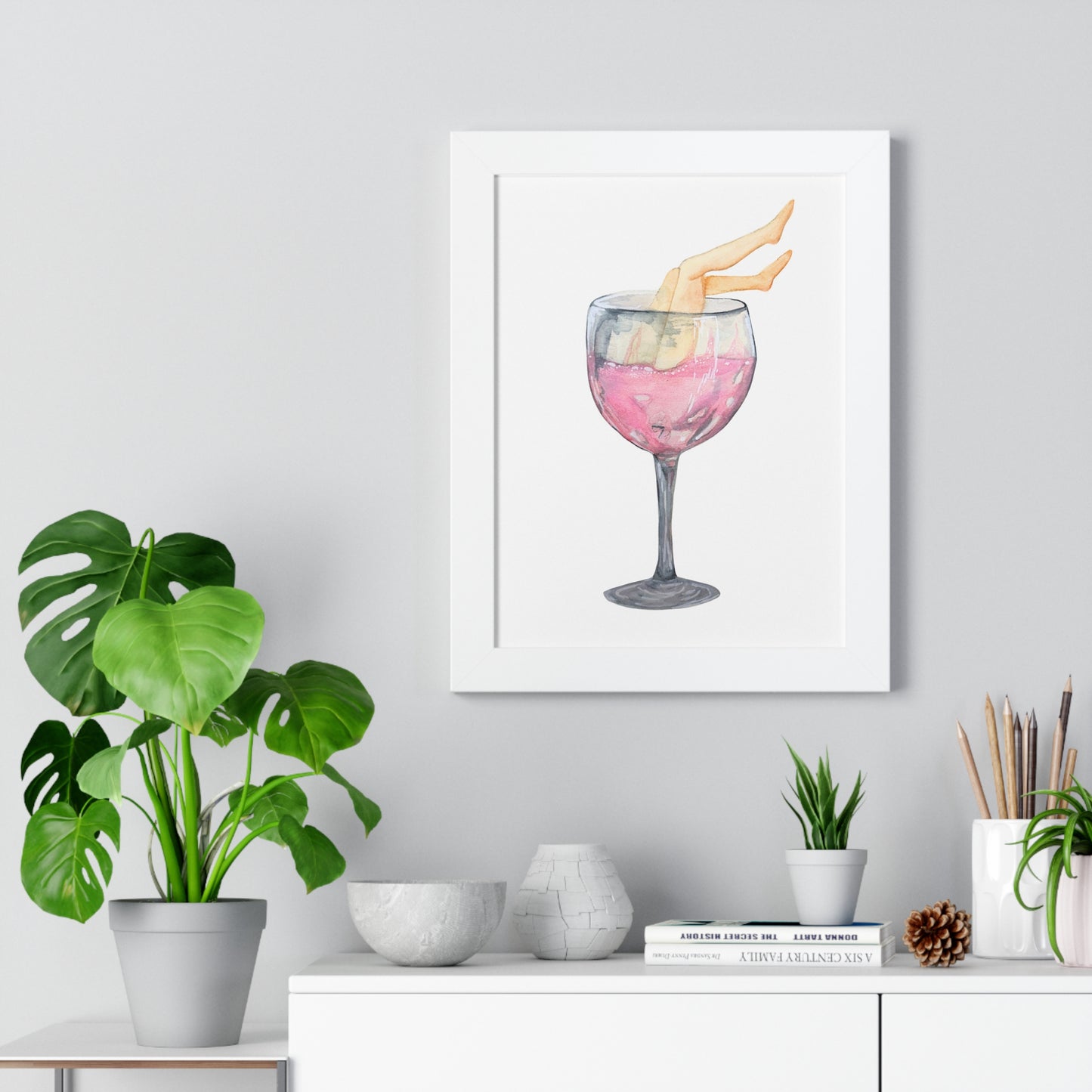 Wine Glass Art Print — Watercolor Cocktail with Legs Framed Print