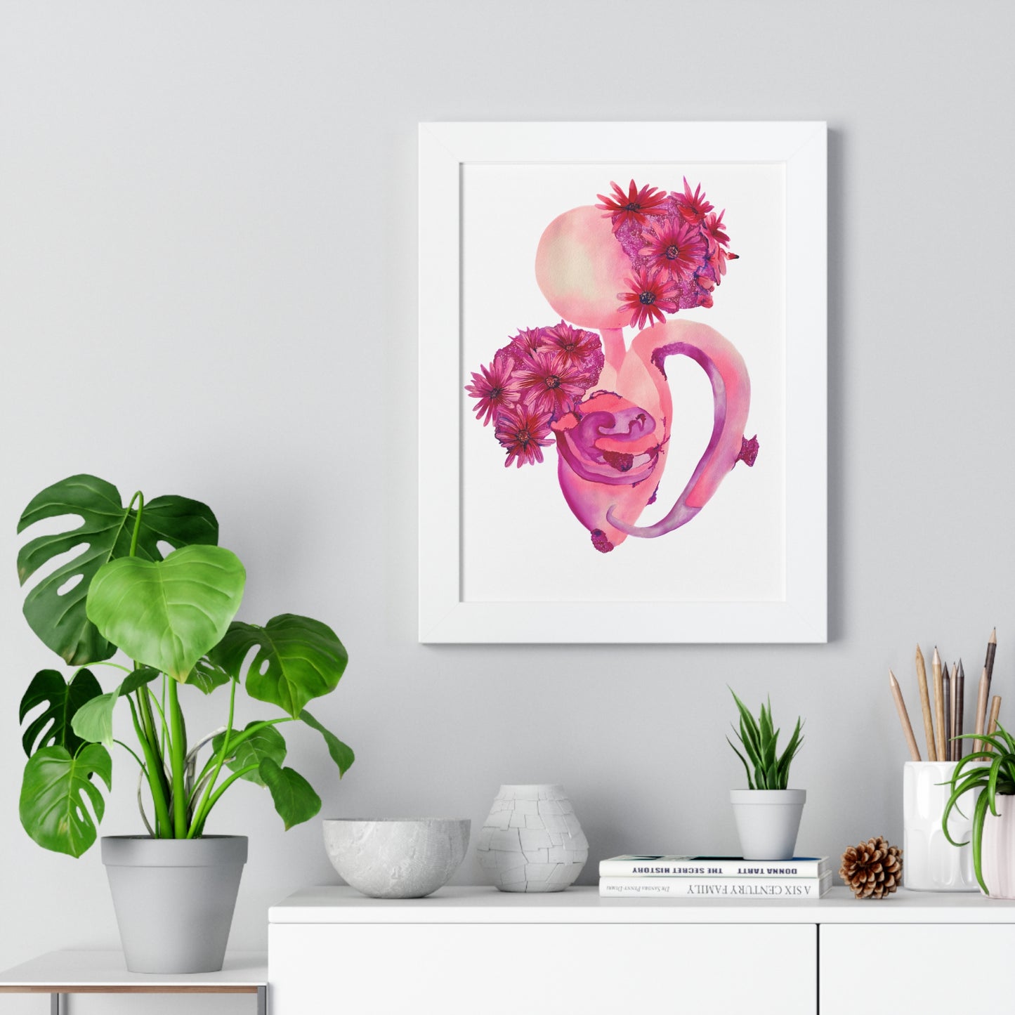 Framed Pink Floral Anatomical Uterus Female Feminist Art Print