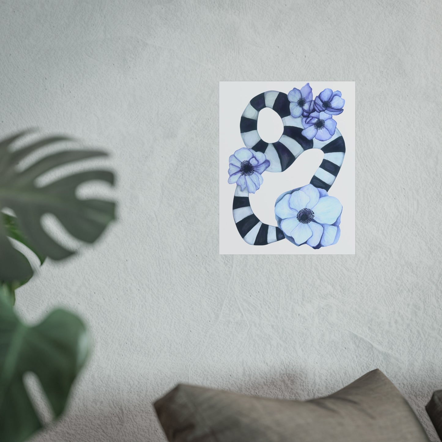 Giclée Art Print — Striped Abstract with Anemones (Botanical Wall Art)