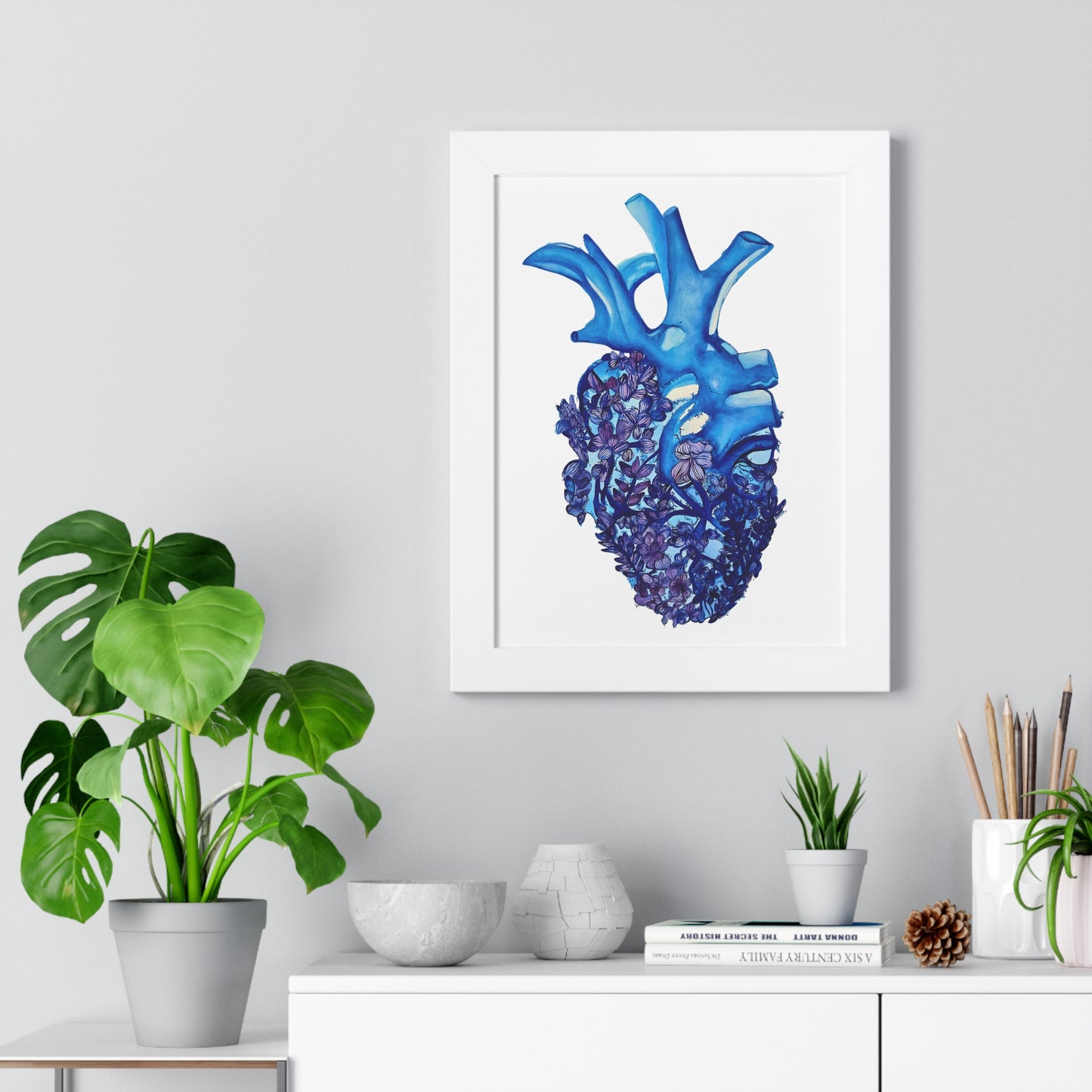 Blue Floral Bluebonnet Anatomical Heart Framed — Botanical Heart Art Print "Deep in The Heart"