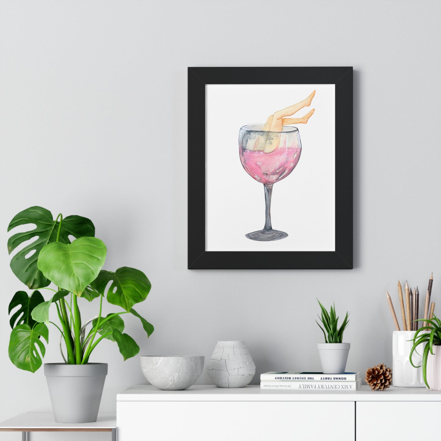 Wine Glass Art Print — Watercolor Cocktail with Legs Framed Print