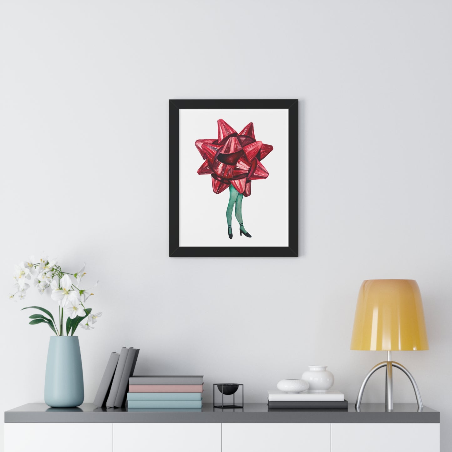 Gift Bow Christmas Woman Framed Print — Quirky Feminine Art Print for Home & Holiday Décor