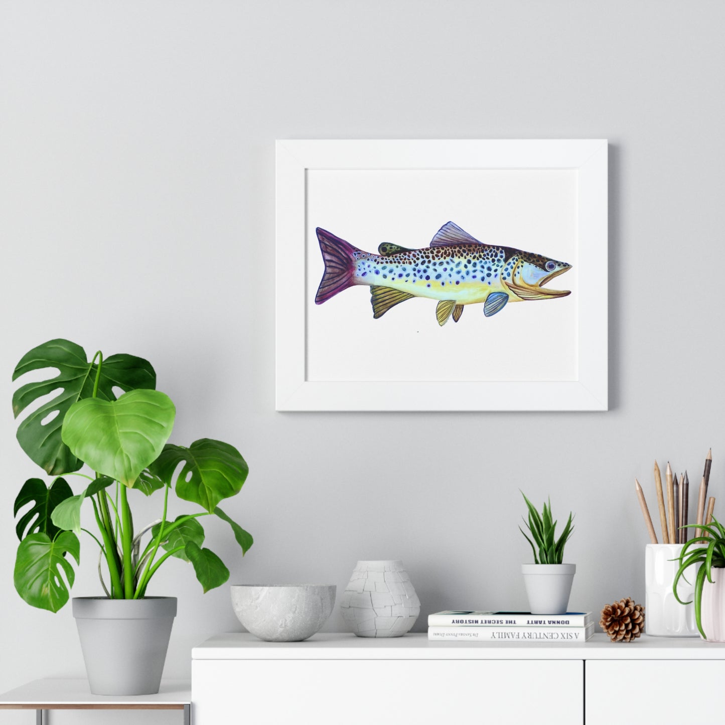 Framed Fish Art Print — Colorful Trout Horizontal Poster for Cabin, Lake House, or Nursery