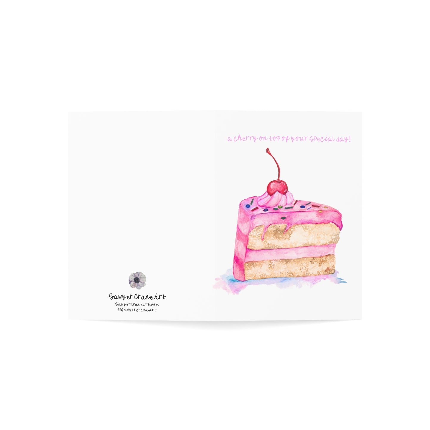 Cherry-Topped Pink Cake Birthday Greeting Cards