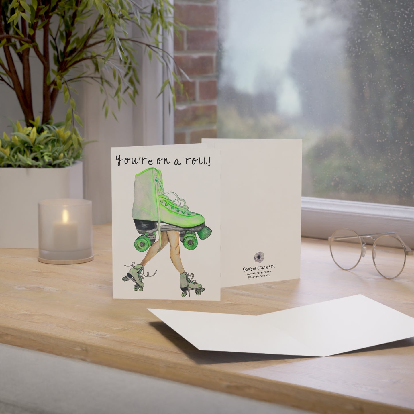 Greeting Card – “You’re on a Roll!” Green Roller Skate Motivational Card (Single or Bulk Packs)