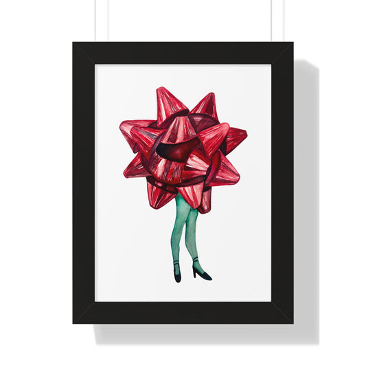 Gift Bow Christmas Woman Framed Print — Quirky Feminine Art Print for Home & Holiday Décor