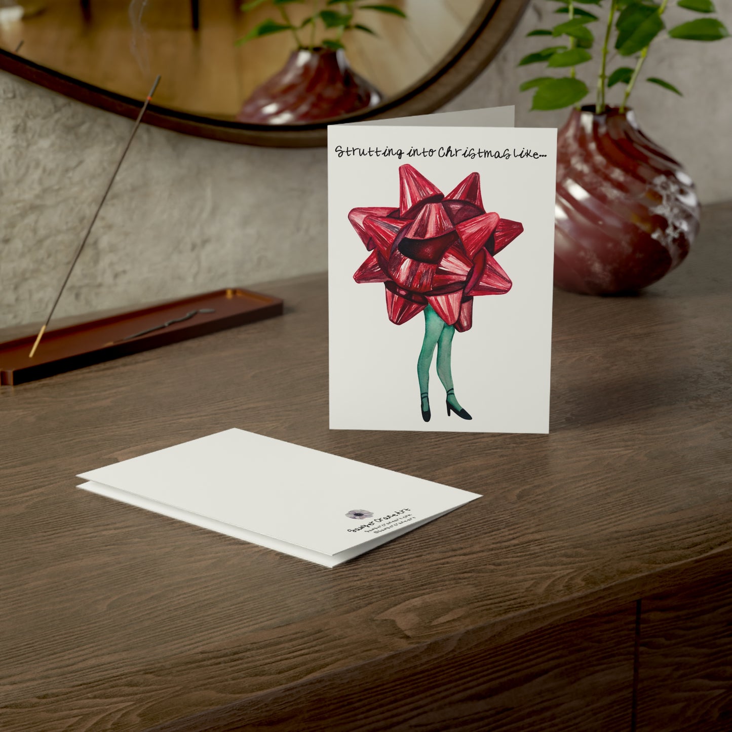 Greeting Card — "Strutting into Christmas Like" Red Bow Fashion Illustration (Holiday Note Cards, Singles & Packs)