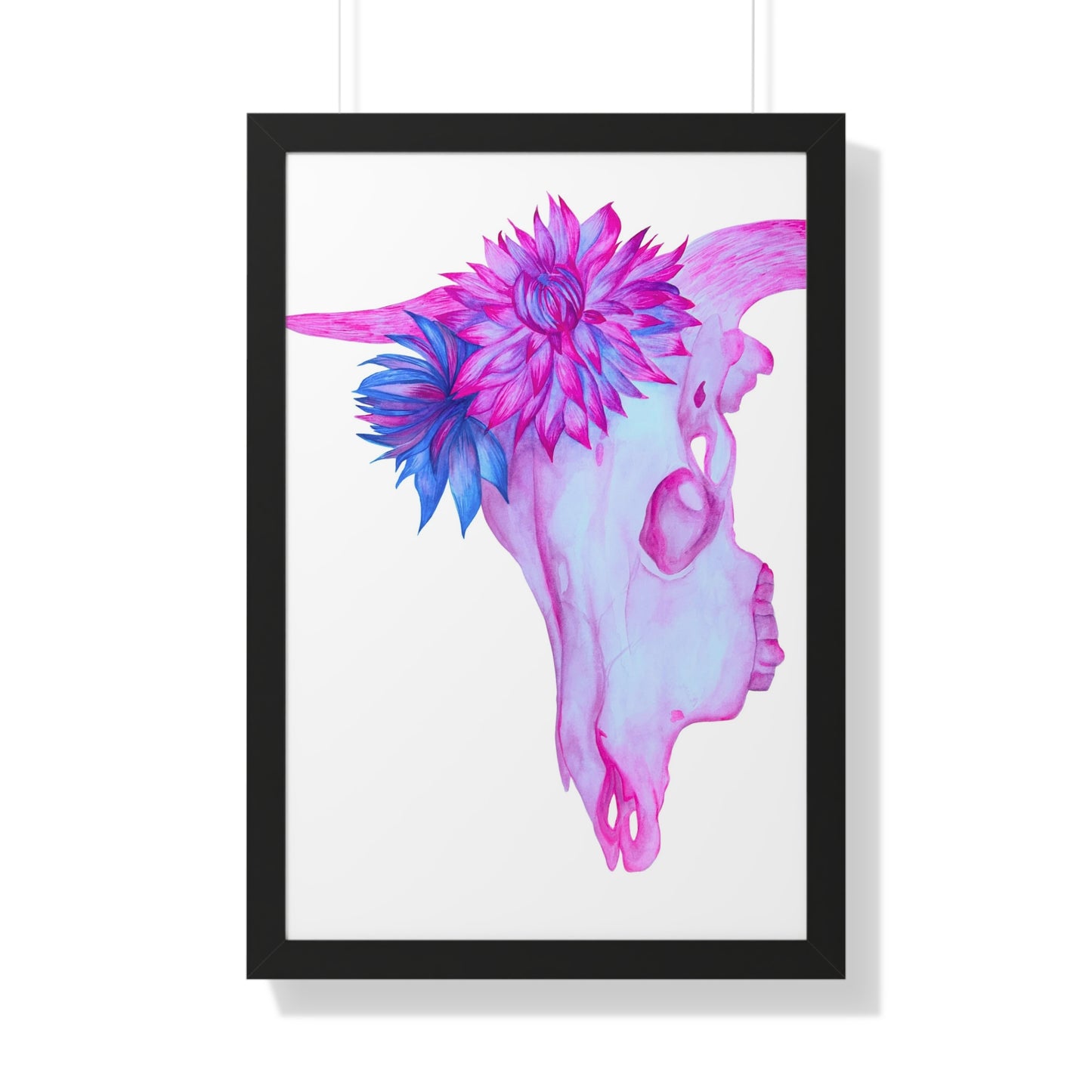 Floral Skull Framed Print  — Pink & Turquoise Cow Skull Wall Art