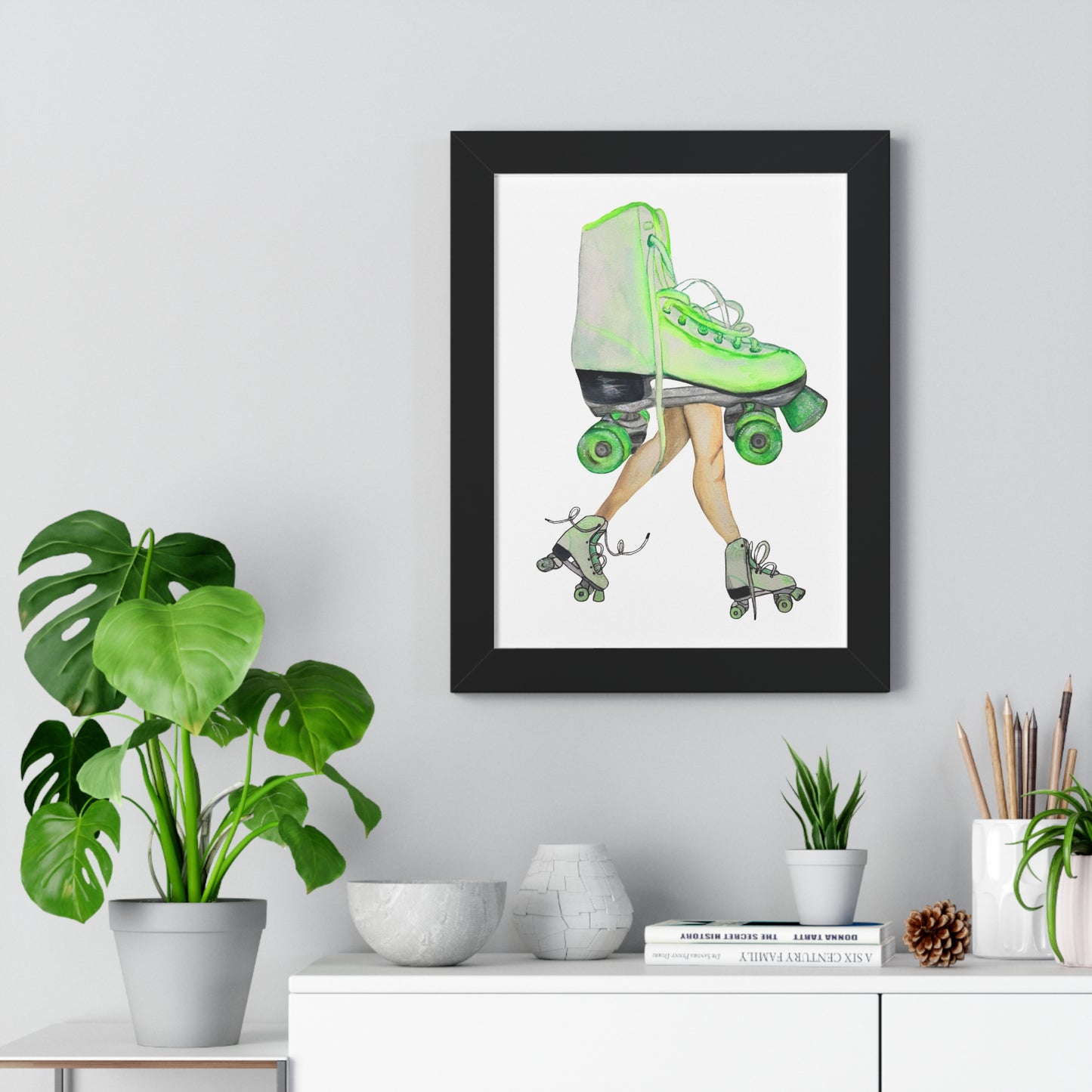 Roller Skate Art Print — Neon Green Roller Skates Framed Print