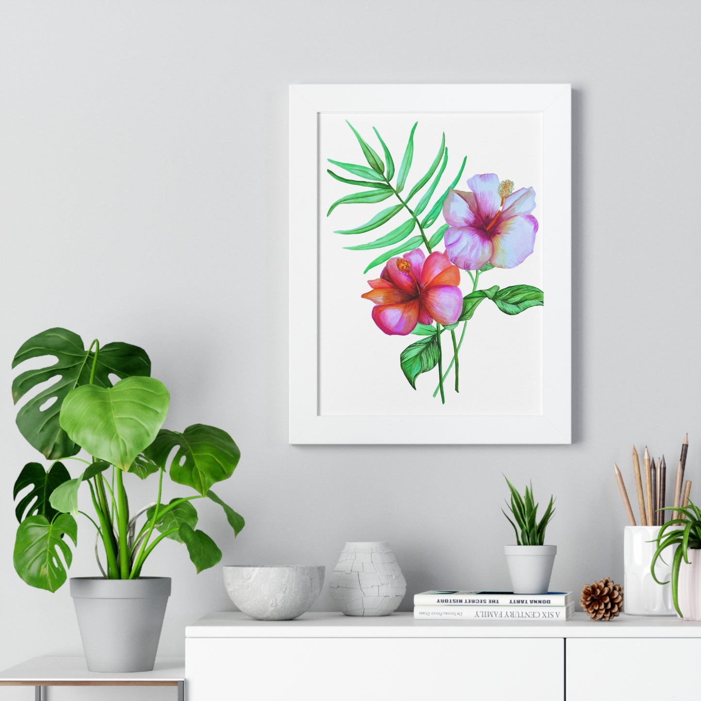 Tropical Hibiscus Framed Print — Watercolor Floral Vertical Wall Art