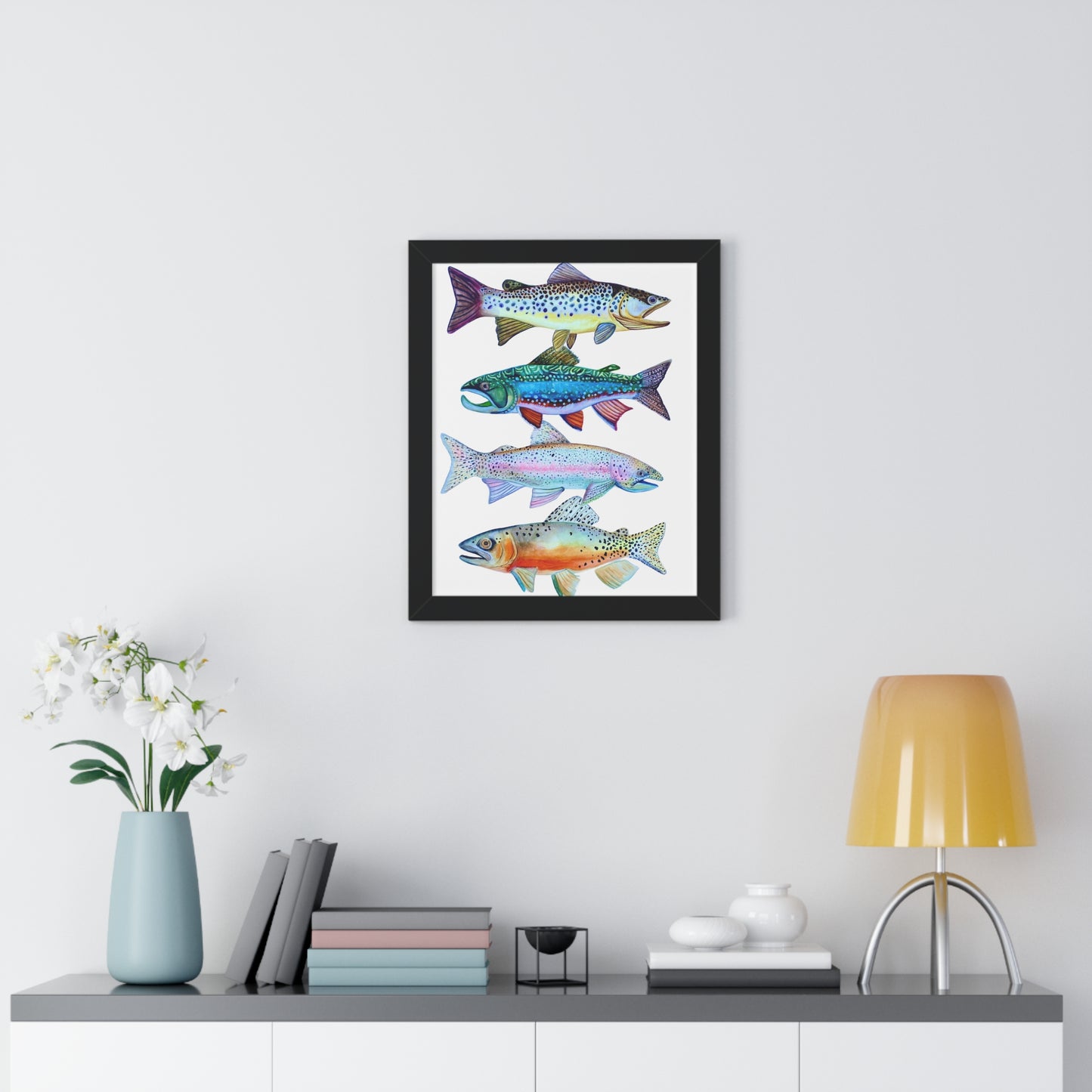 Colorful Trout Fish Watercolor Print Framed