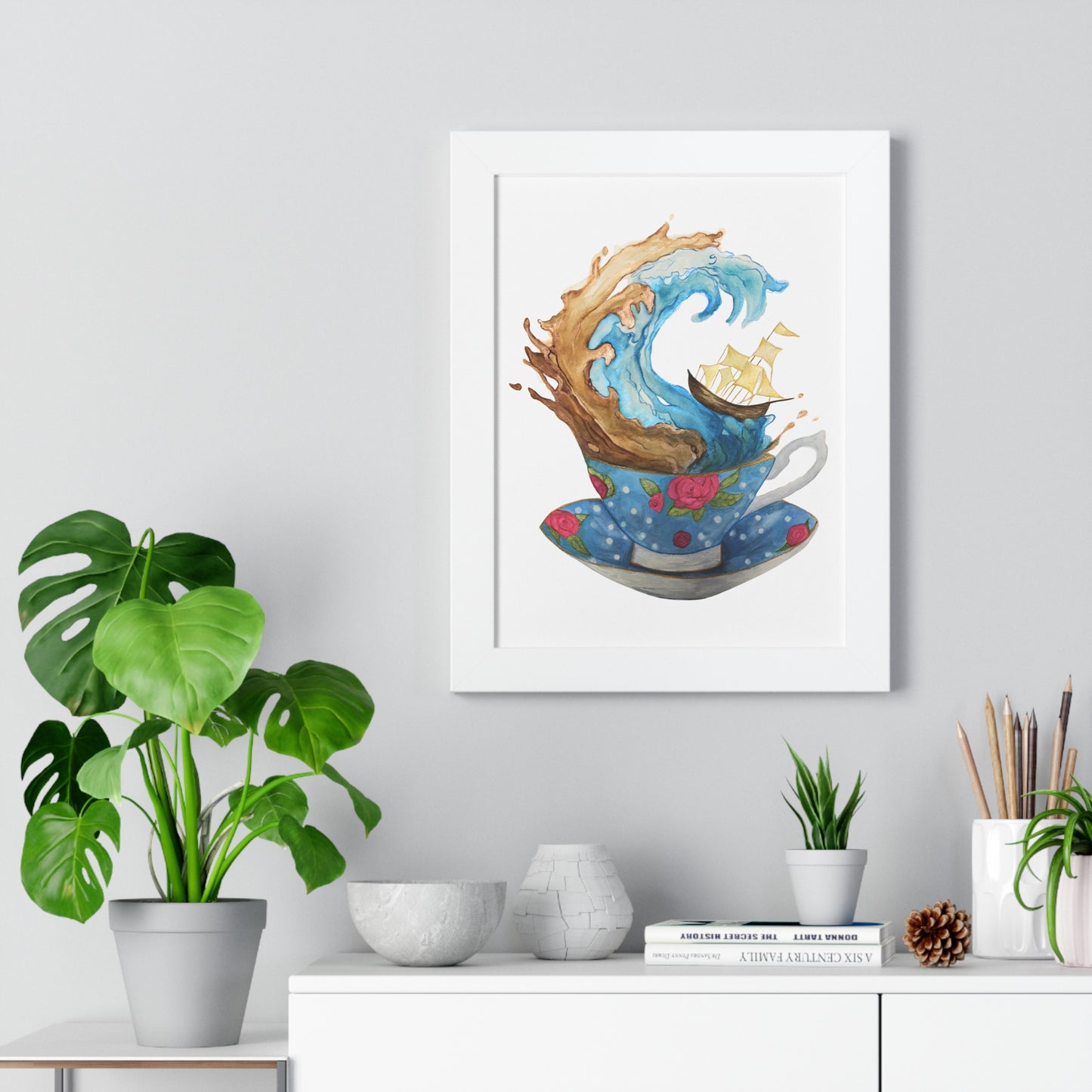 Whimsical Teacup Wave Framed Art Print, Swiftie Sailboat Tea Art Print A Storm Inside A Teacup