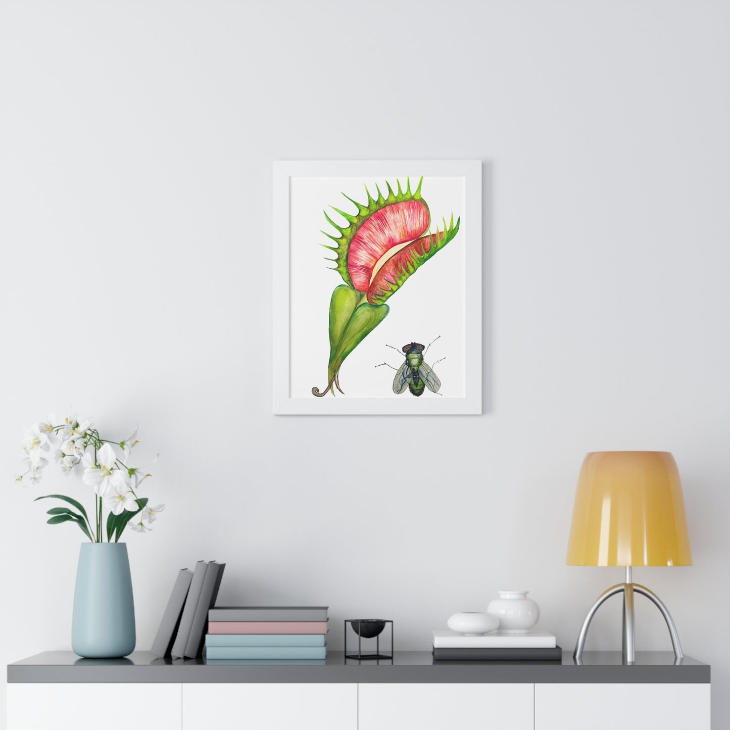 Carnivorous Plant Art Print — Venus Flytrap & Fly Framed