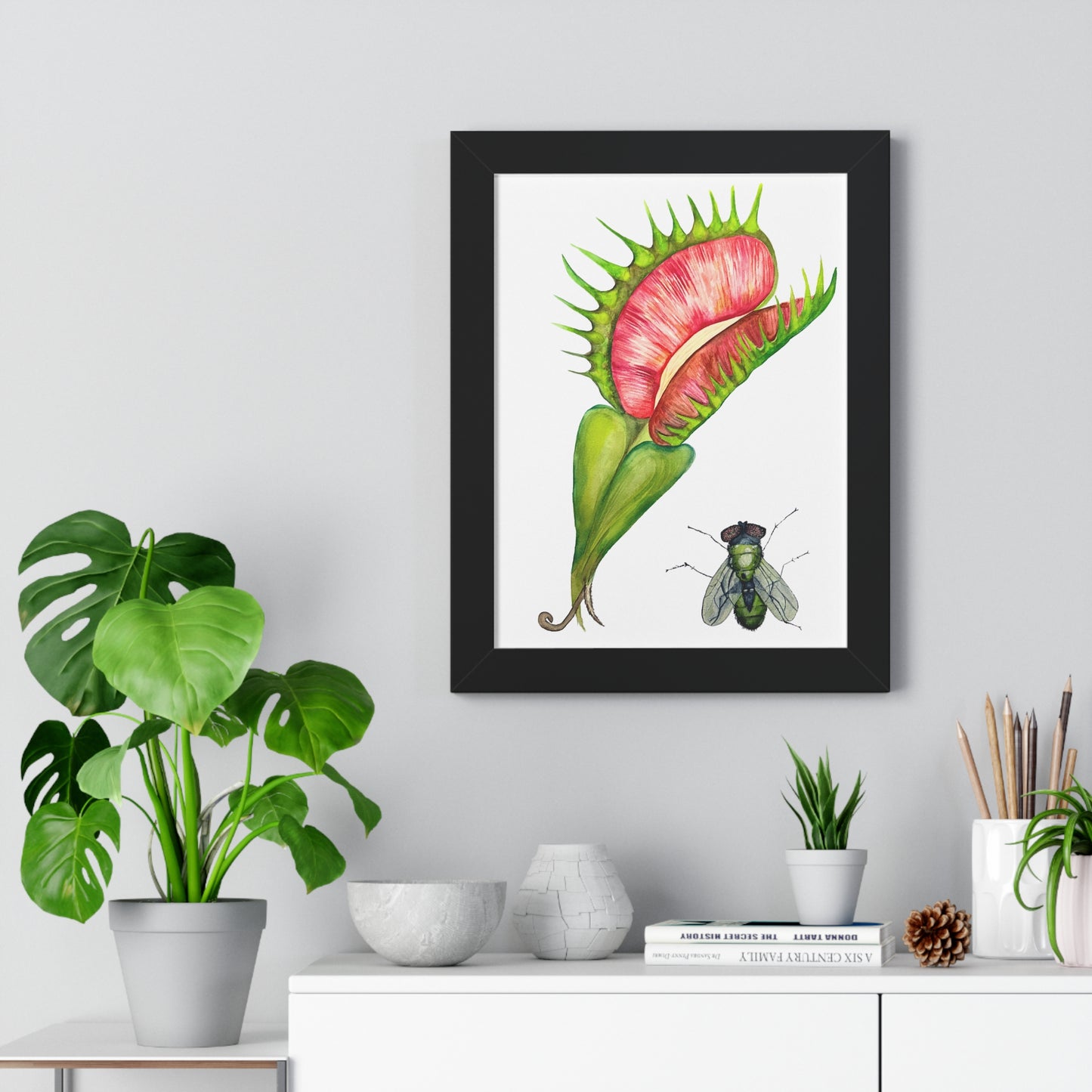 Carnivorous Plant Art Print — Venus Flytrap & Fly Framed