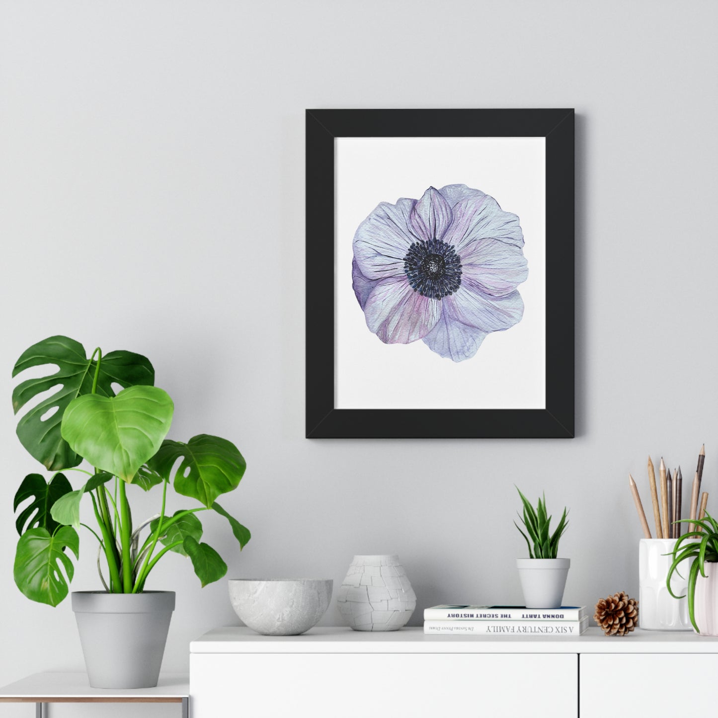 Framed Floral  Print — White Lavender Anemone Wall Art