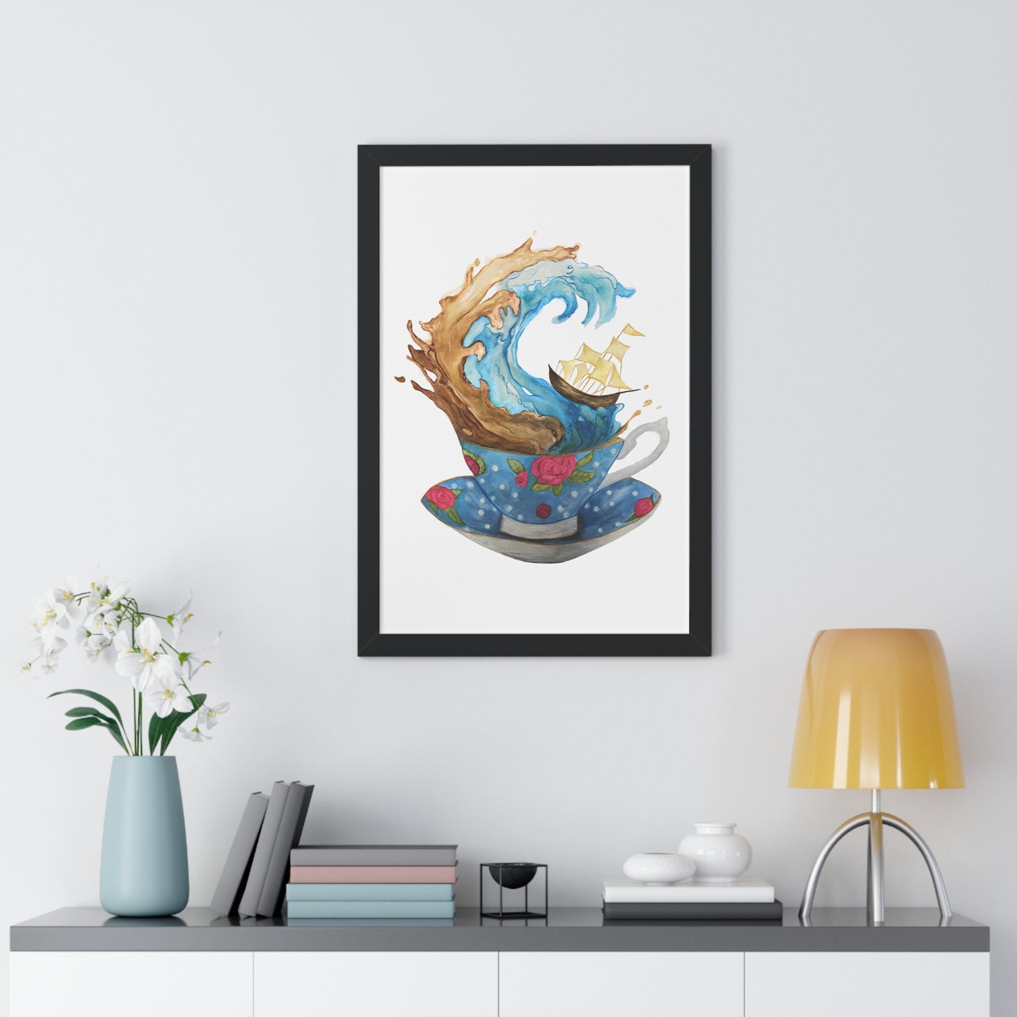 Whimsical Teacup Wave Framed Art Print, Swiftie Sailboat Tea Art Print A Storm Inside A Teacup