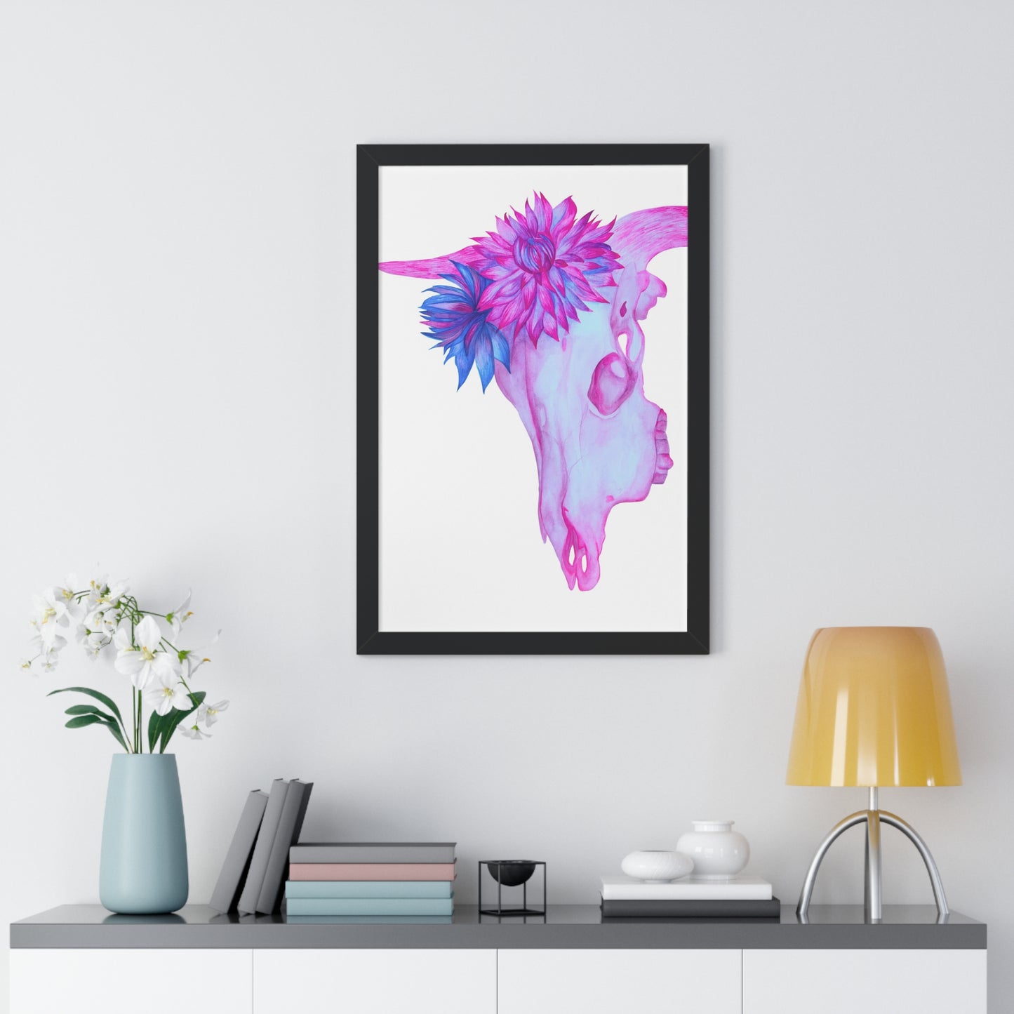 Floral Skull Framed Print  — Pink & Turquoise Cow Skull Wall Art