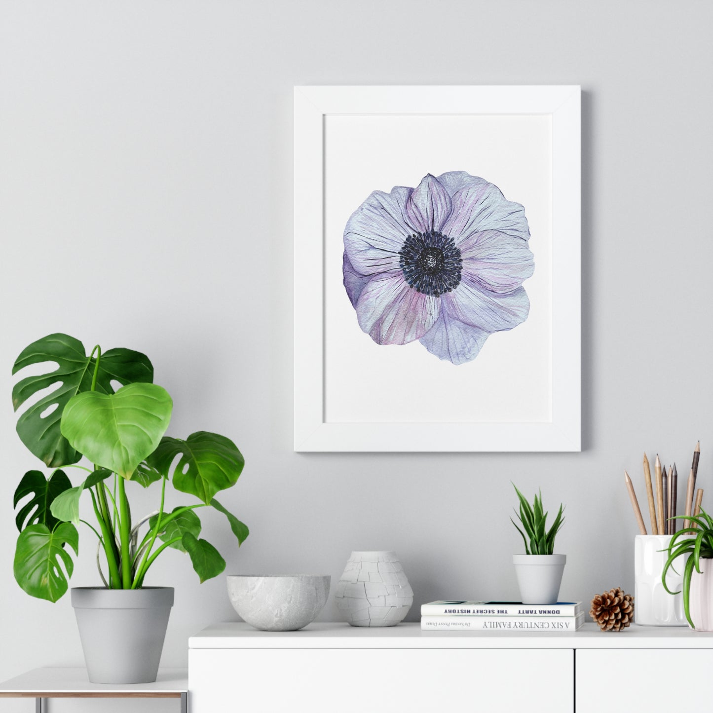 Framed Floral  Print — White Lavender Anemone Wall Art