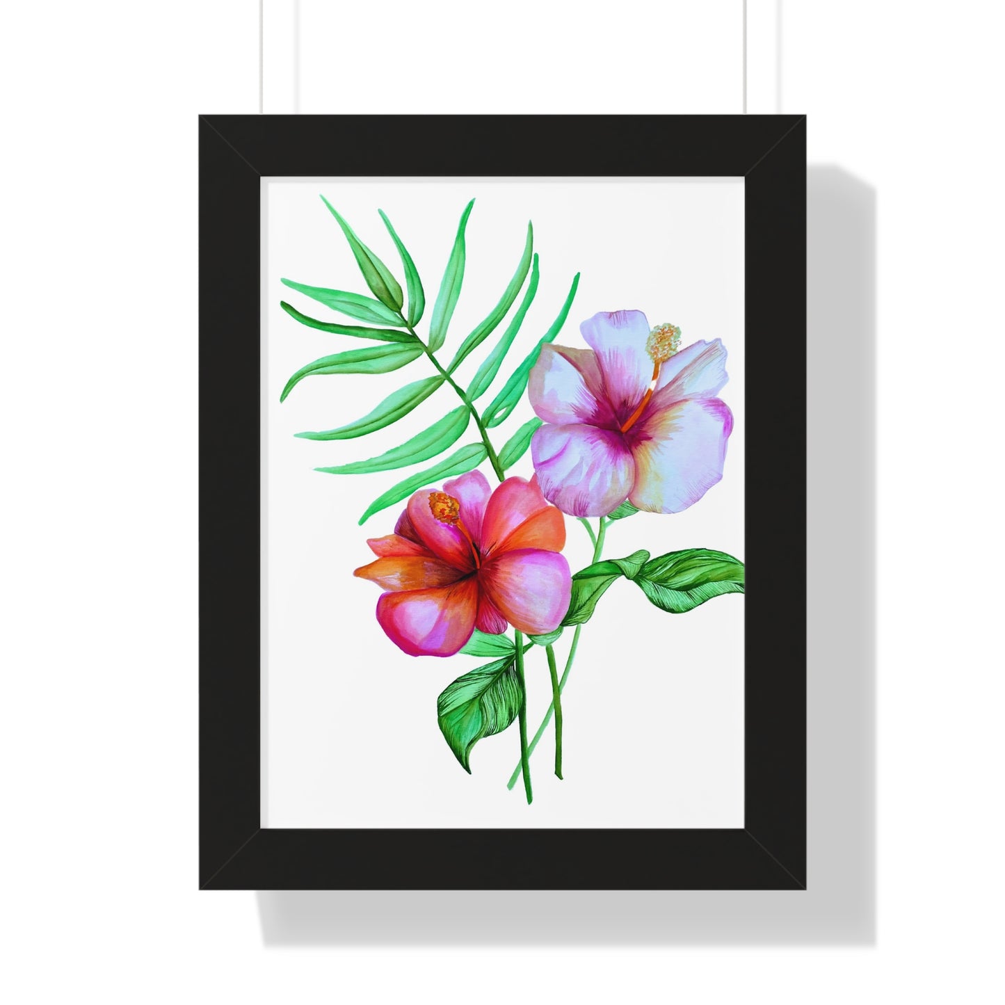 Tropical Hibiscus Framed Print — Watercolor Floral Vertical Wall Art