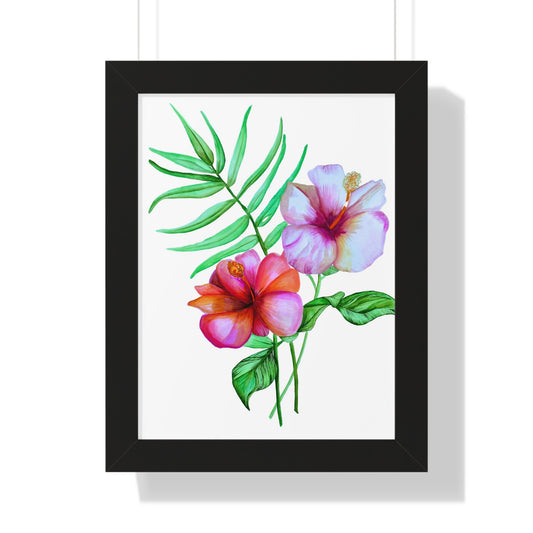 Tropical Hibiscus Framed Print — Watercolor Floral Vertical Wall Art