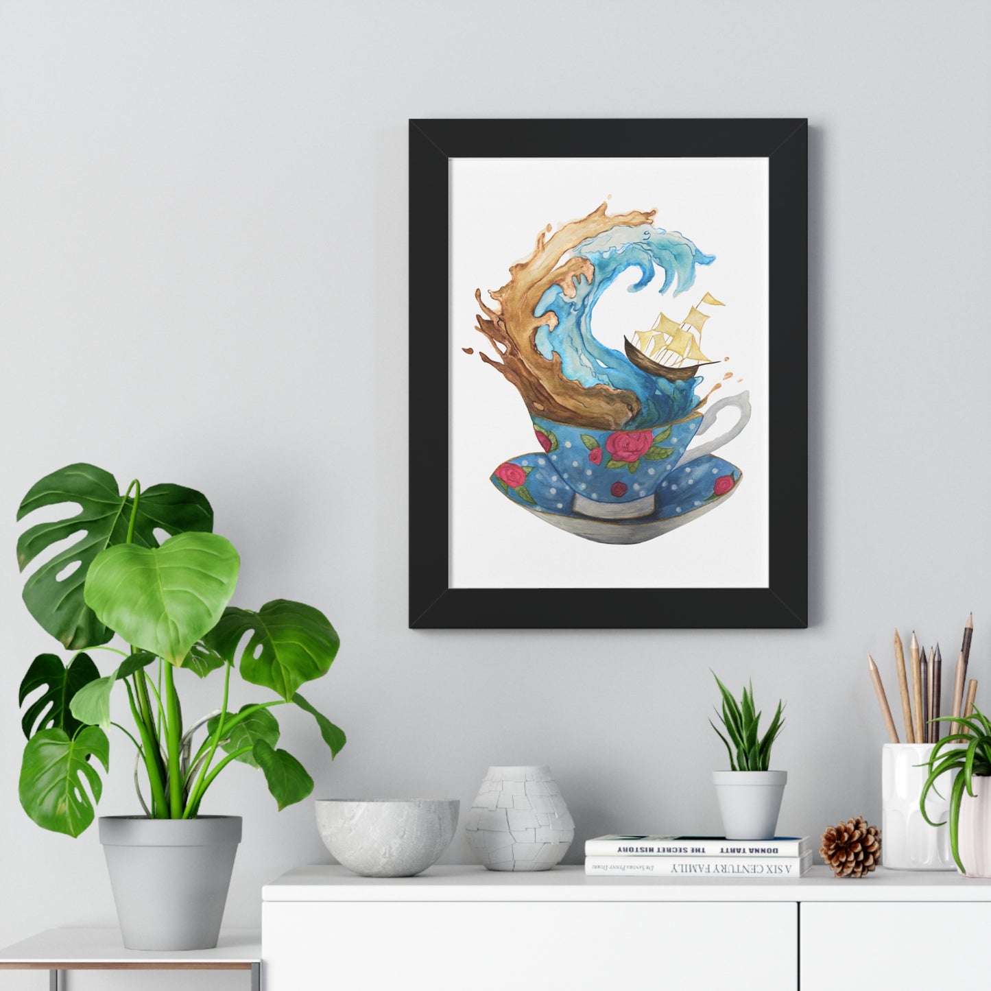 Whimsical Teacup Wave Framed Art Print, Swiftie Sailboat Tea Art Print A Storm Inside A Teacup