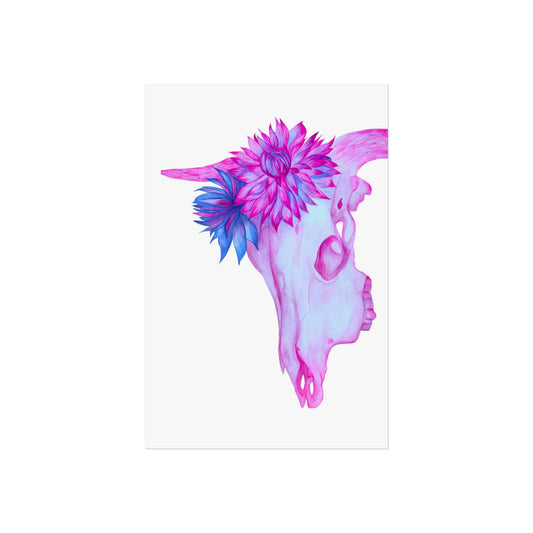 Floral Cow Skull Giclée Art Print — Pink & Blue Boho Wall Art