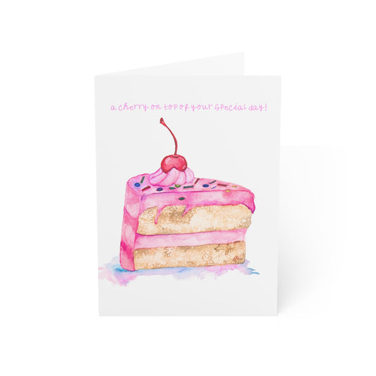 Cherry-Topped Pink Cake Birthday Greeting Cards