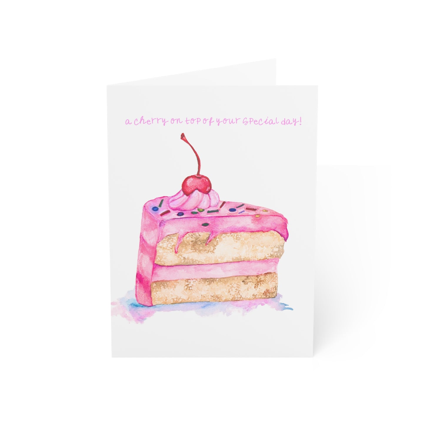 Cherry-Topped Pink Cake Birthday Greeting Cards