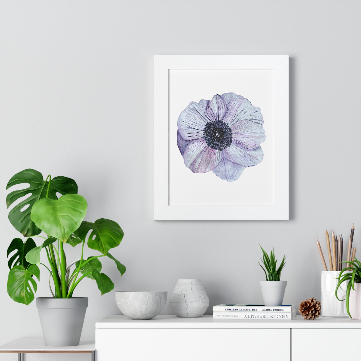 Framed Floral  Print — White Lavender Anemone Wall Art