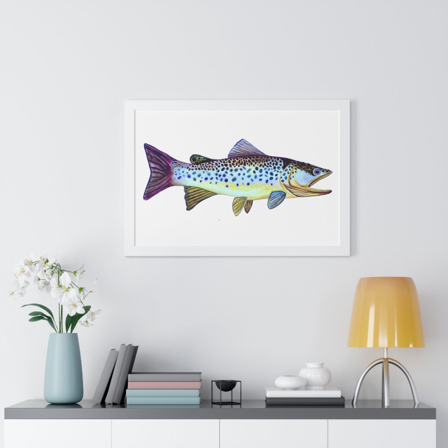 Framed Fish Art Print — Colorful Trout Horizontal Poster for Cabin, Lake House, or Nursery