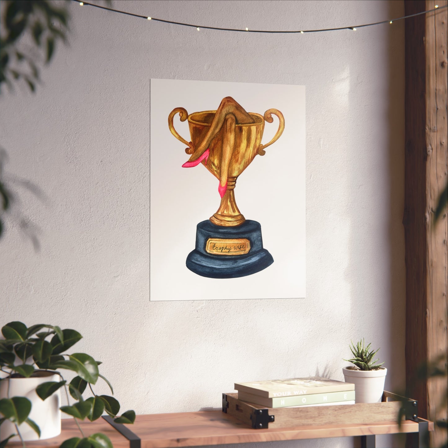 Trophy Wife Golden Trophy with Pink Shoes Illustration Print