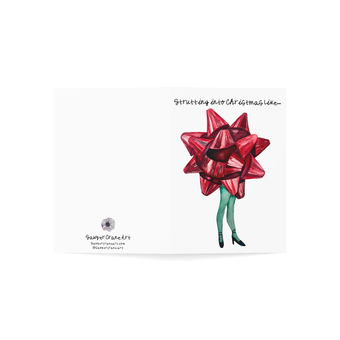 Greeting Card — "Strutting into Christmas Like" Red Bow Fashion Illustration (Holiday Note Cards, Singles & Packs)