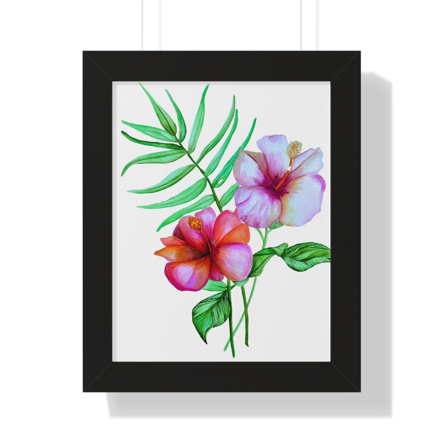 Tropical Hibiscus Framed Print — Watercolor Floral Vertical Wall Art