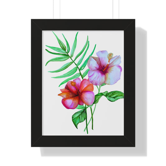 Tropical Hibiscus Framed Print — Watercolor Floral Vertical Wall Art