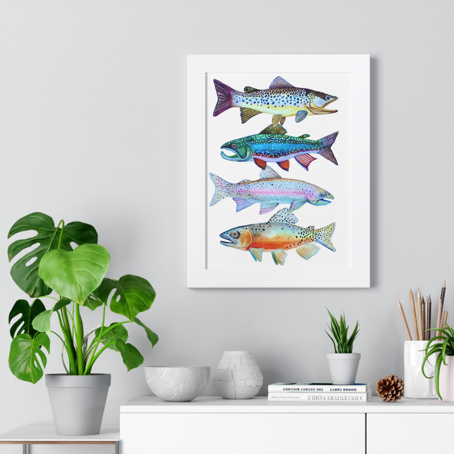 Colorful Trout Fish Watercolor Print Framed