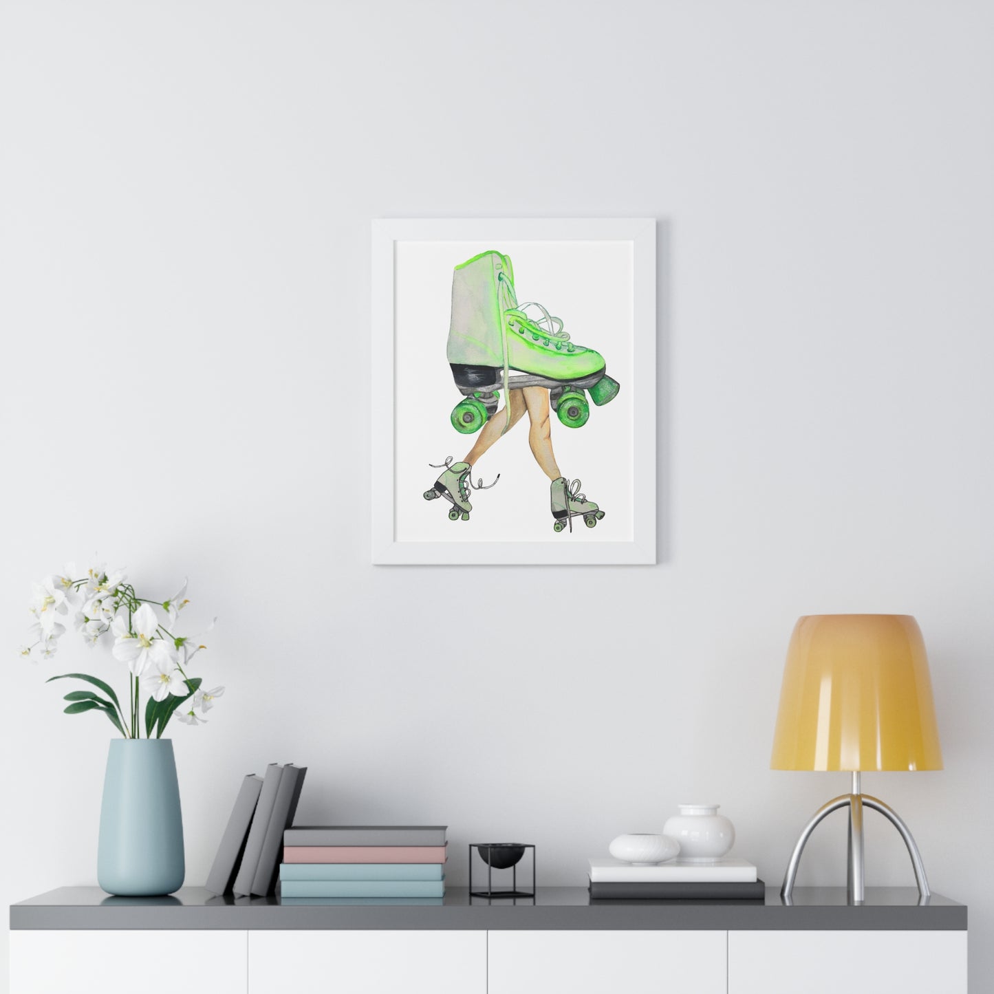 Roller Skate Art Print — Neon Green Roller Skates Framed Print