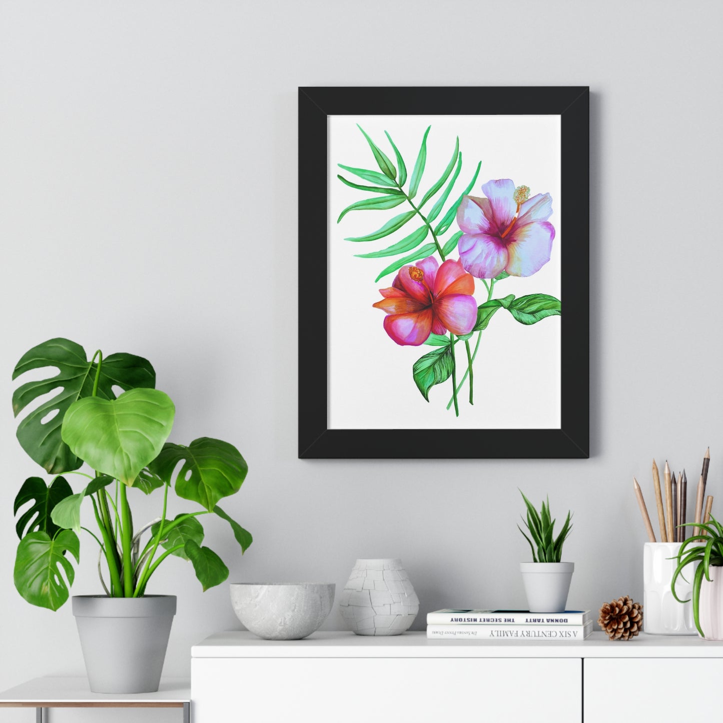 Tropical Hibiscus Framed Print — Watercolor Floral Vertical Wall Art