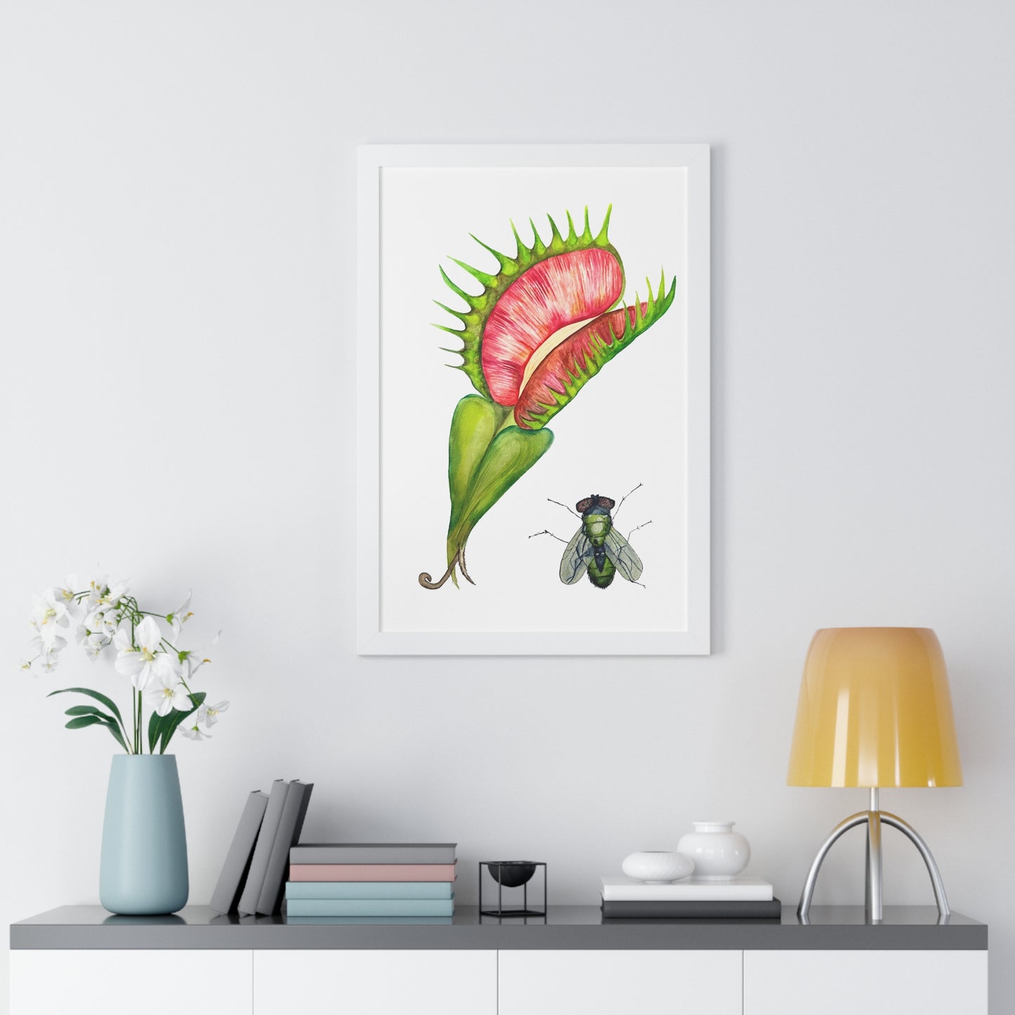 Carnivorous Plant Art Print — Venus Flytrap & Fly Framed